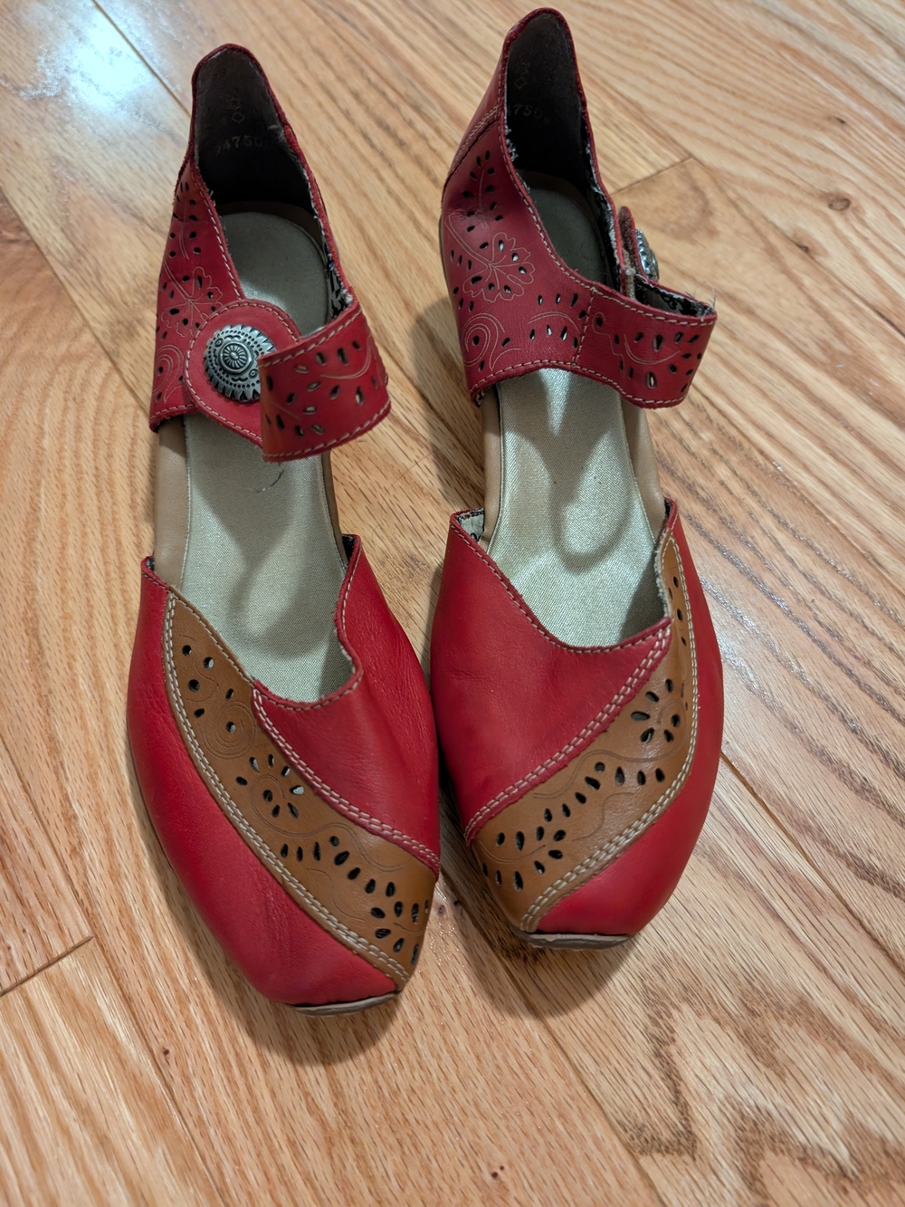 Women's Red and Brown Leather Mary Jane Block Heel Sandal - Rieker